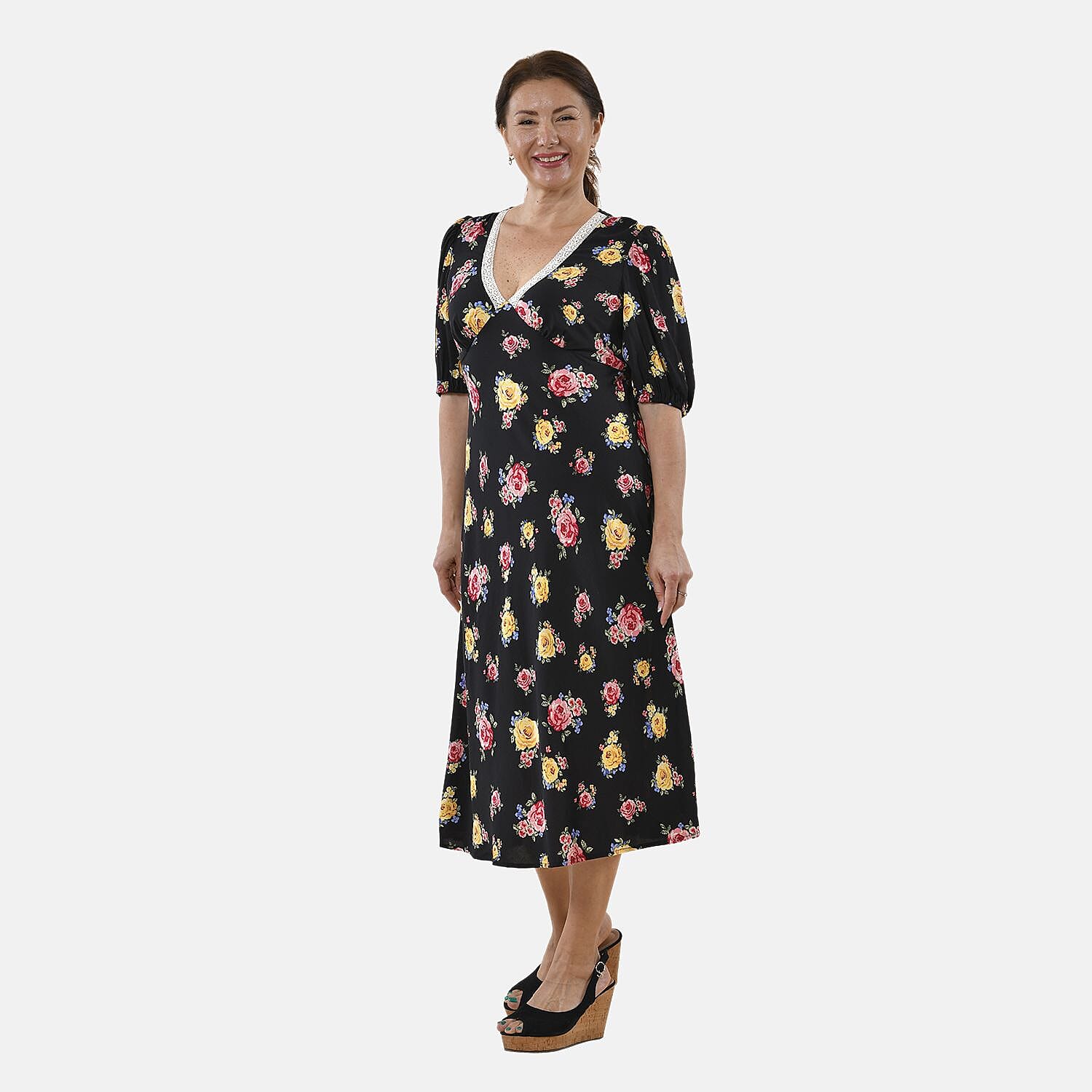 100% Viscose Floral Pattern Tea Dress with Lace detail (Size 12) - Black & Multi