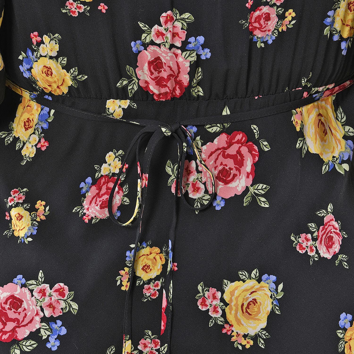 Tamsy 100% Viscose Rose Pattern Trim Dress with Lace (Size 12) -Black & Multi Tamsy 100% Viscose Rose Pattern Trim Dress with Lace (Size 12) -Black & Multi