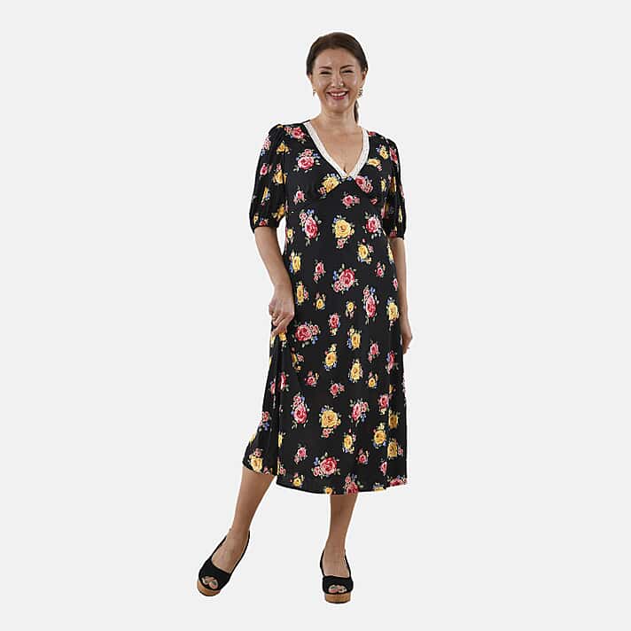 TAMSY Floral Pattern Tea Dress with Lace detail -Black and Multi