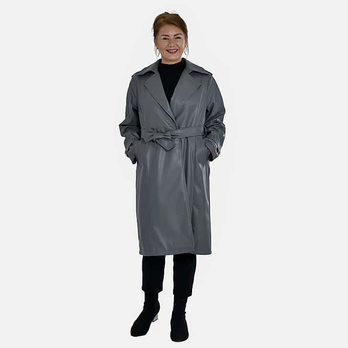 TAMSY Oversized Belted Coat with Adjustable Cuffs - Dark Grey