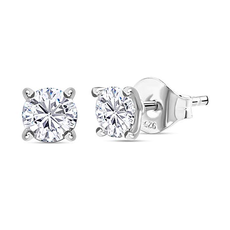 Biggest Deal of The Day - Moissanite Solitaire Stud Push Back Earrings in Platinum Overlay Sterling Silver