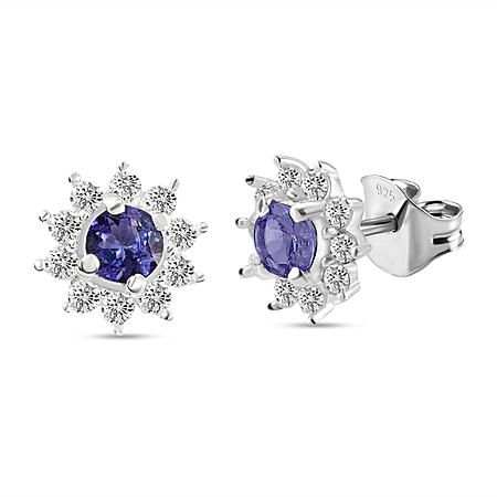 Halo Tanzanite and Natural Cambodian Zircon Stud Earrings in Sterling Silver 1.07 Ct.