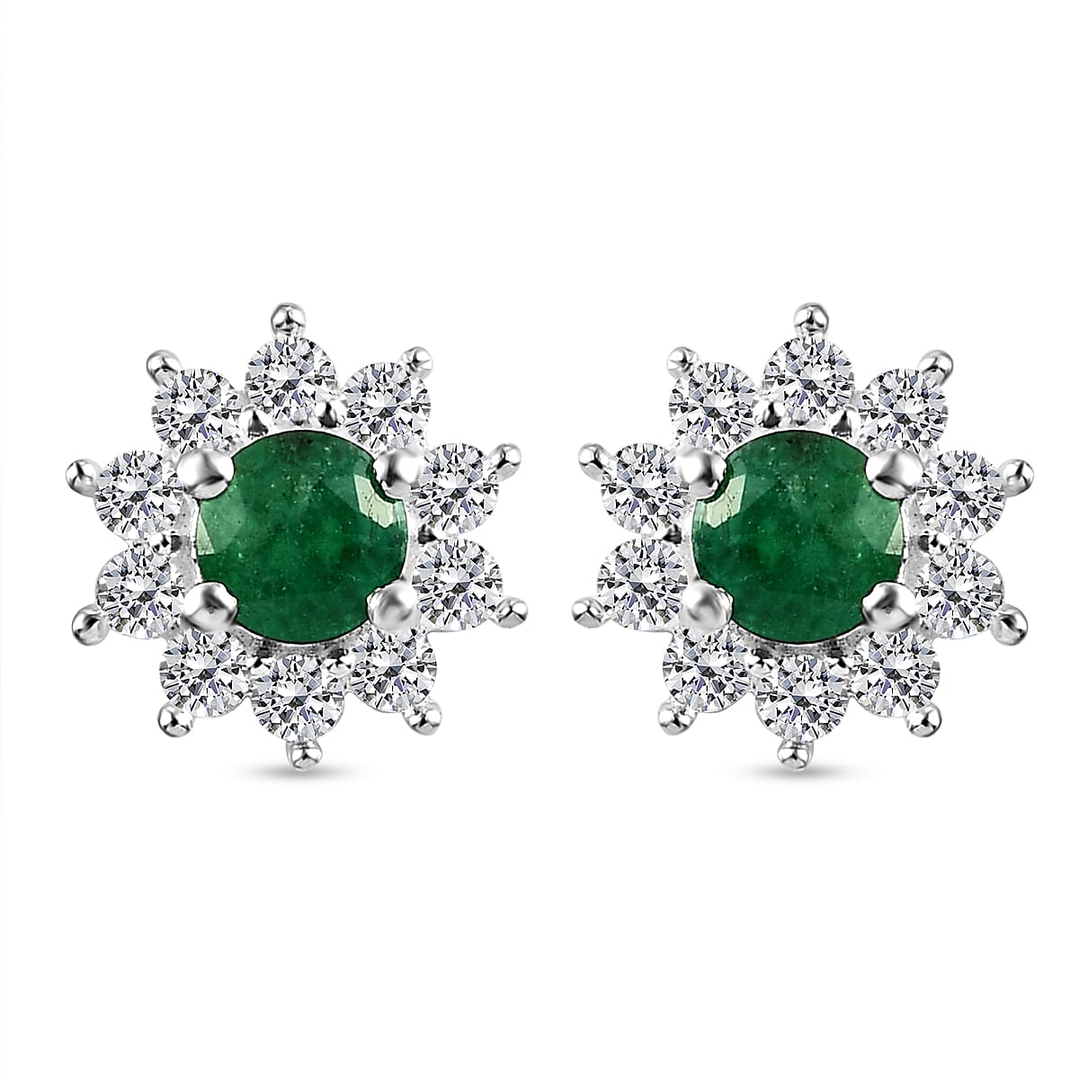 Kagem Zambian Emerald and Natural Cambodian Zircon Stud Earrings (With Push Back) in Sterling Silver 1.13 Ct.