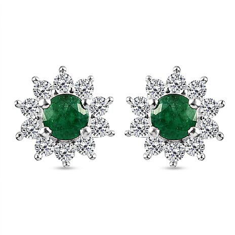 Kagem Zambian Emerald and Natural Cambodian Zircon Stud Earrings (With Push Back) in Sterling Silver 1.13 Ct.