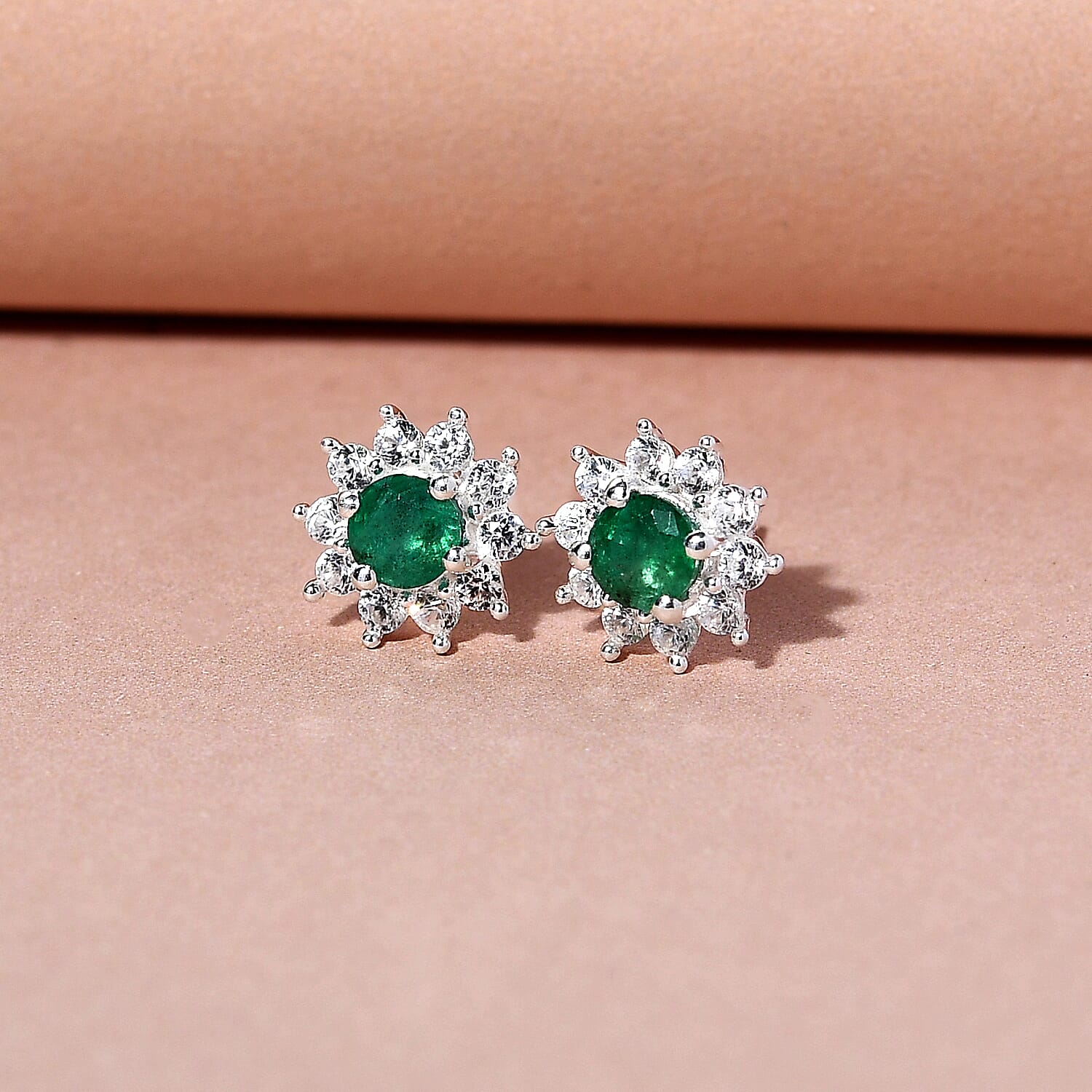 Kagem Zambian Emerald and Natural Cambodian Zircon Stud Earrings (With Push Back) in Sterling Silver 1.13 Ct.
