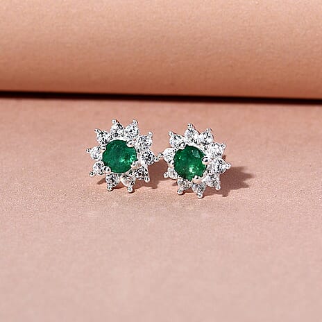 Kagem Zambian Emerald and Natural Cambodian Zircon Stud Earrings (With Push Back) in Sterling Silver 1.13 Ct.