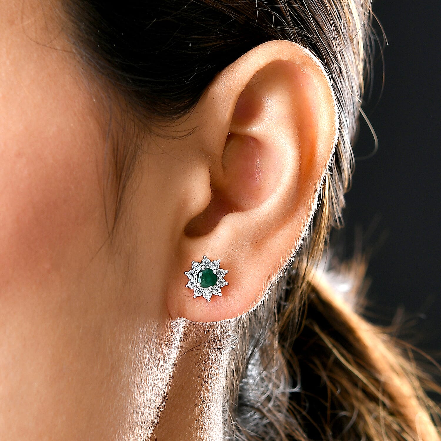 Kagem Zambian Emerald and Natural Cambodian Zircon Stud Earrings (With Push Back) in Sterling Silver 1.13 Ct.