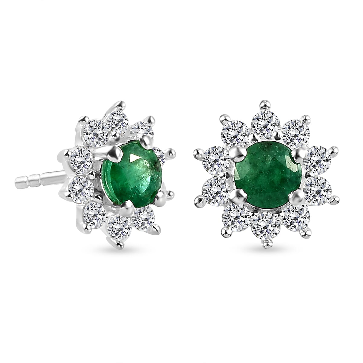 Kagem Zambian Emerald and Natural Cambodian Zircon Stud Earrings (With Push Back) in Sterling Silver 1.13 Ct.