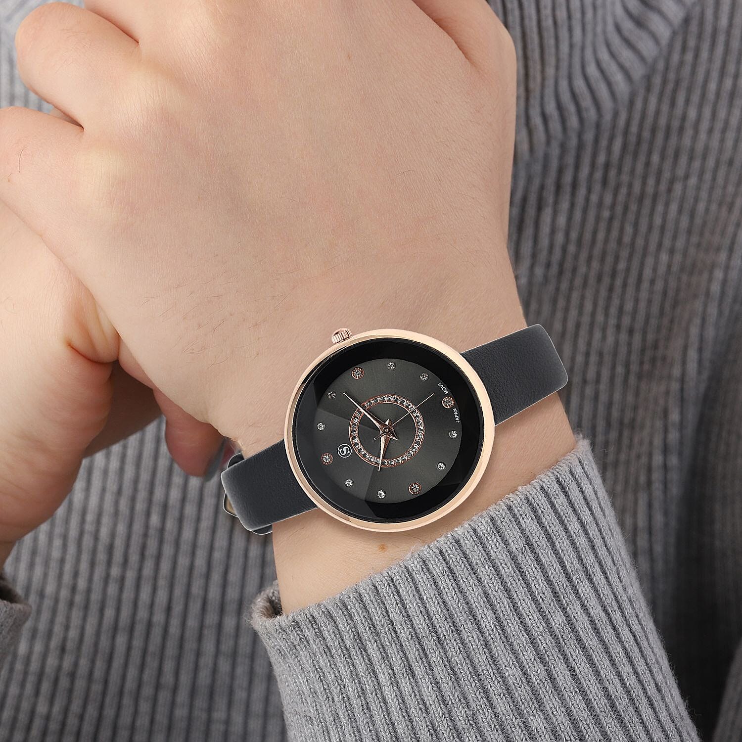 STRADA Japanese Movement Black Dial Water Resistant Watch with Black Leather Strap