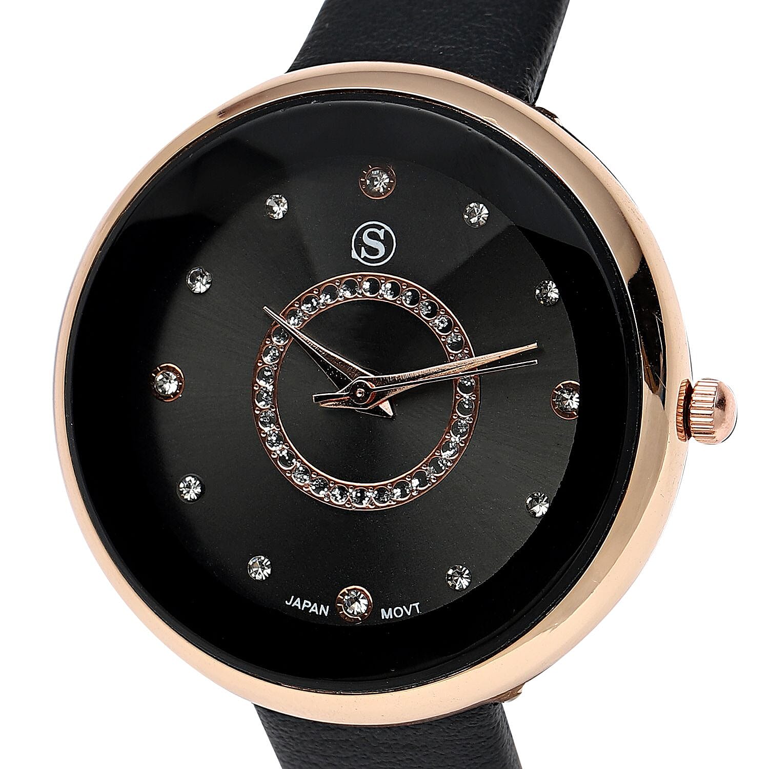 STRADA Japanese Movement Black Dial Water Resistant Watch with Black Leather Strap