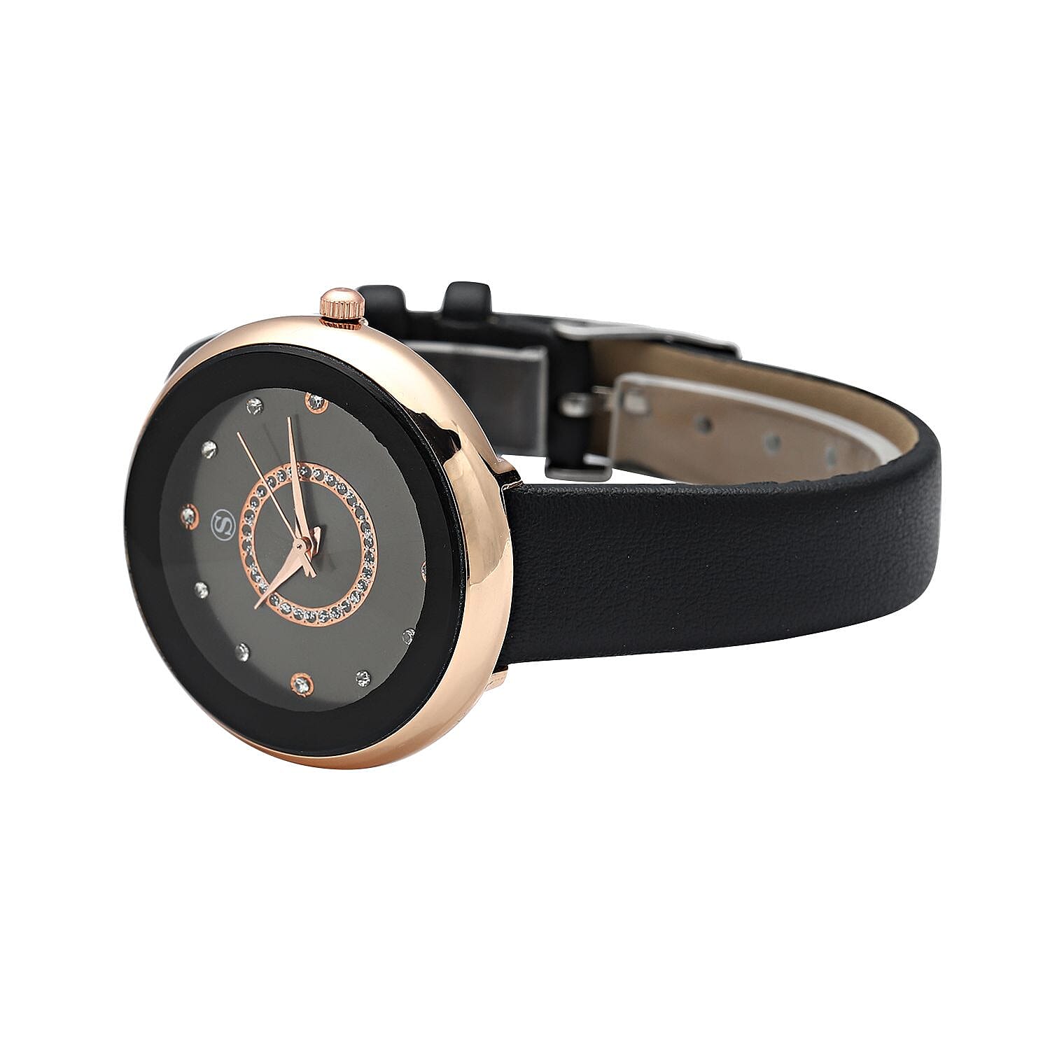 STRADA Japanese Movement Black Dial Water Resistant Watch with Black Leather Strap