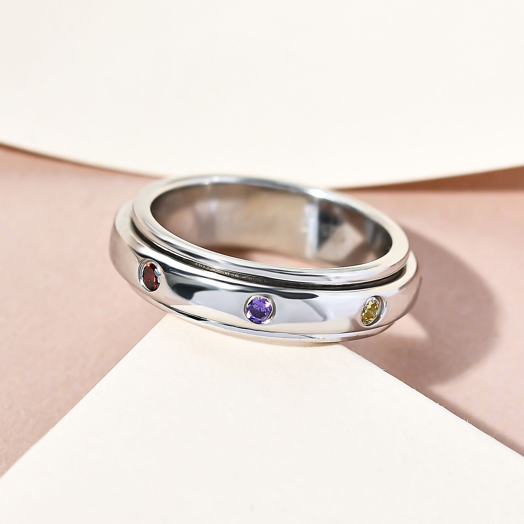 Elanza Simulated Multi Gemstone Spinner Ring in Platinum Overlay Sterling Silver