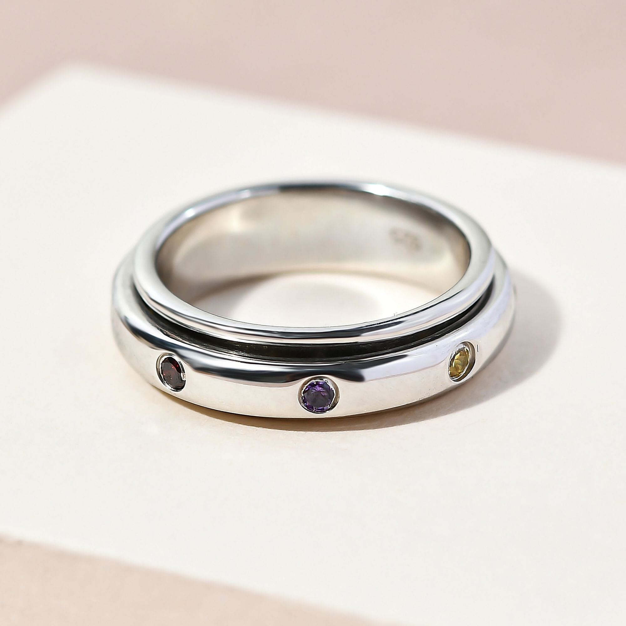 Elanza Simulated Multi Gemstone Spinner Ring in Platinum Overlay Sterling Silver