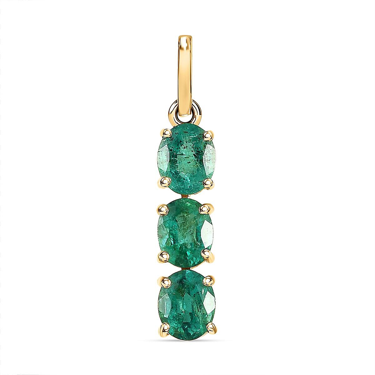 9K Yellow Gold AAA Gemfields Emerald 3 Stone Pendant 0.92 Ct.
