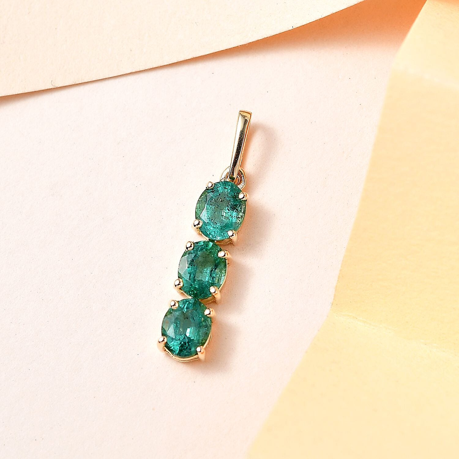 9K Yellow Gold AAA Gemfields Emerald 3 Stone Pendant 0.92 Ct.