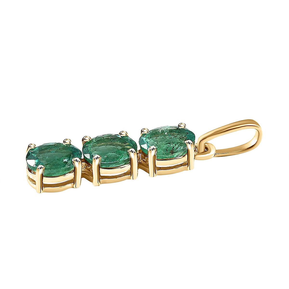 9K Yellow Gold AAA Gemfields Emerald 3 Stone Pendant 0.92 Ct.