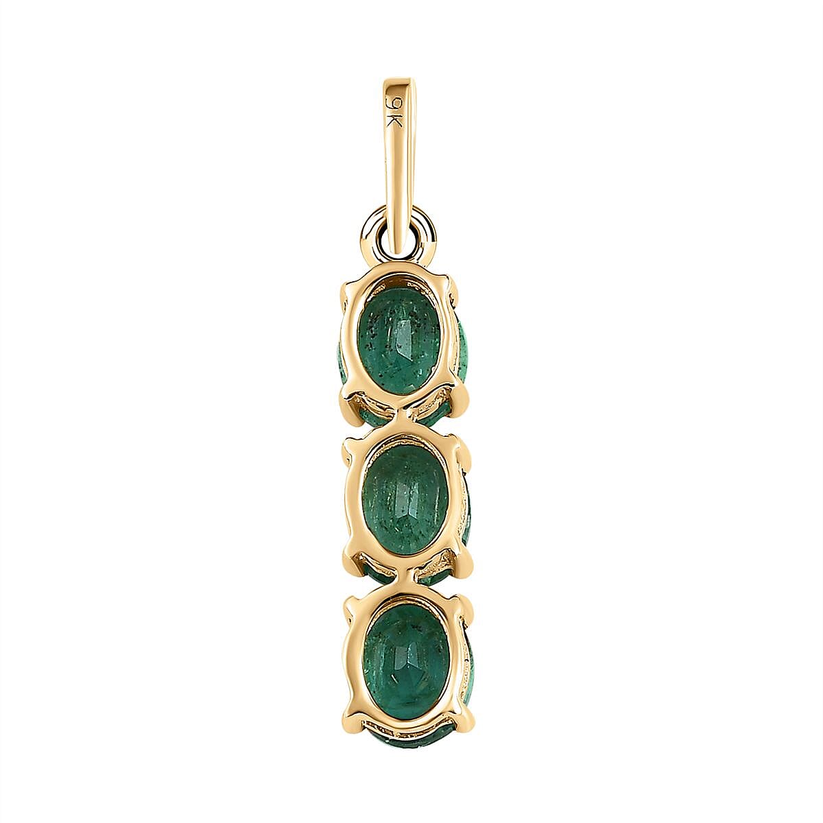 9K Yellow Gold AAA Gemfields Emerald 3 Stone Pendant 0.92 Ct.