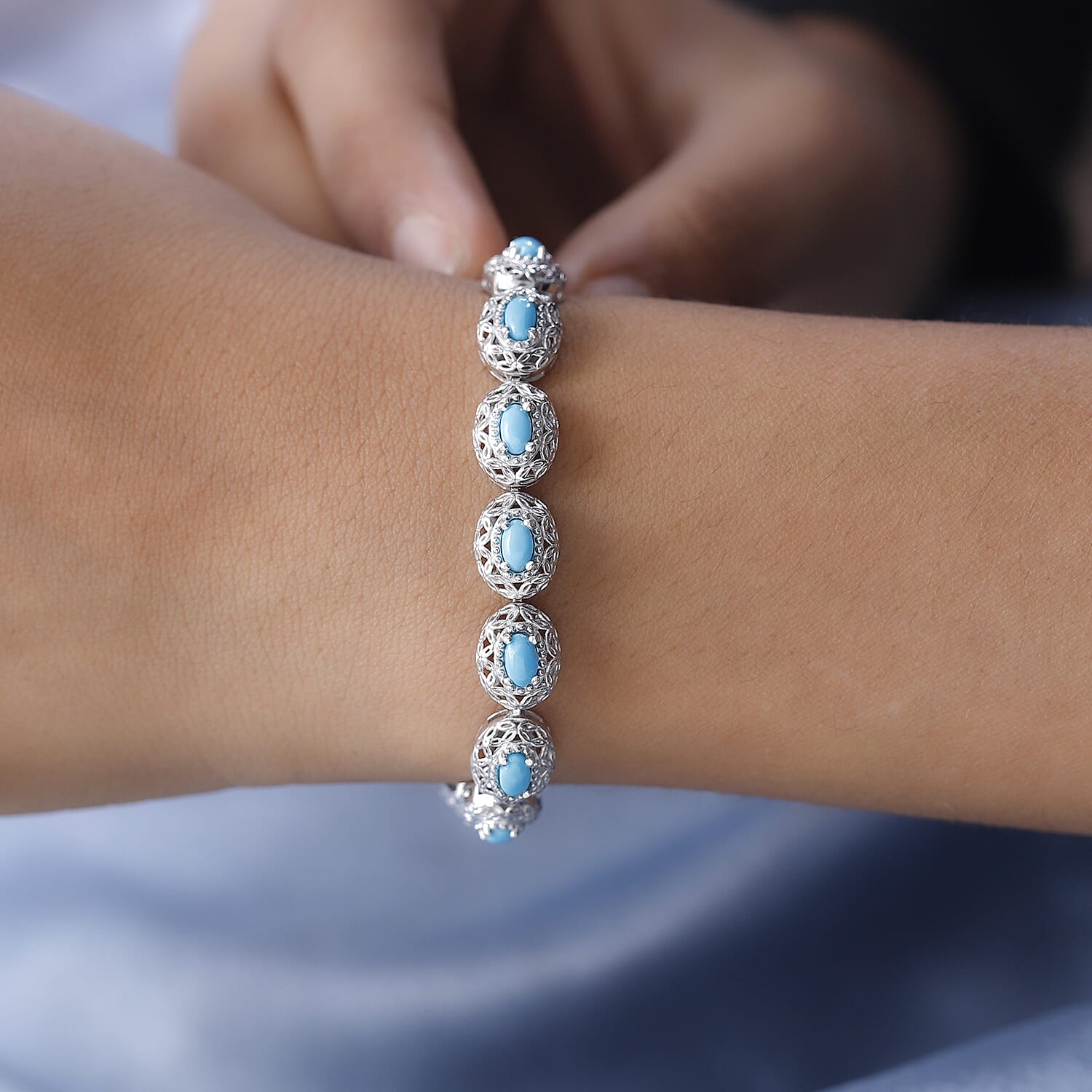 Arizona Sleeping Beauty Turquoise Tennis Bracelet (Size - 7) in Platinum Overlay Sterling Silver 3.71 Ct, Silver Wt. 13.77 Gms