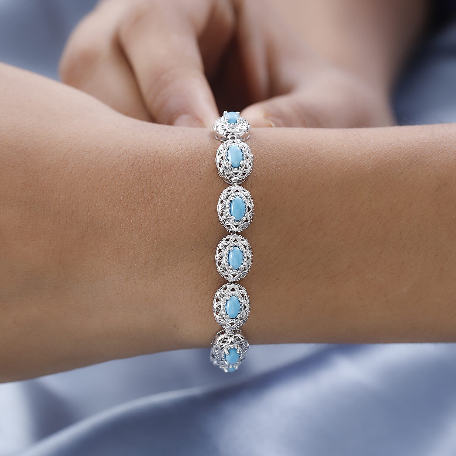 Arizona Sleeping Beauty Turquoise Tennis Bracelet (Size - 7.5) in Platinum Overlay Sterling Silver 3.95 Ct, Silver Wt. 14.01 Gms