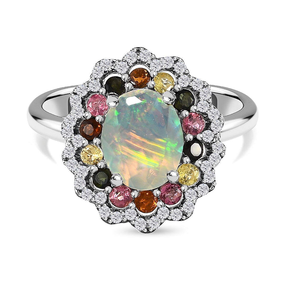 Ethiopian Welo Opal, Natural Zircon & Multi-Tourmaline Cluster Ring in Platinum Overlay Sterling Silver 2.19 Ct.