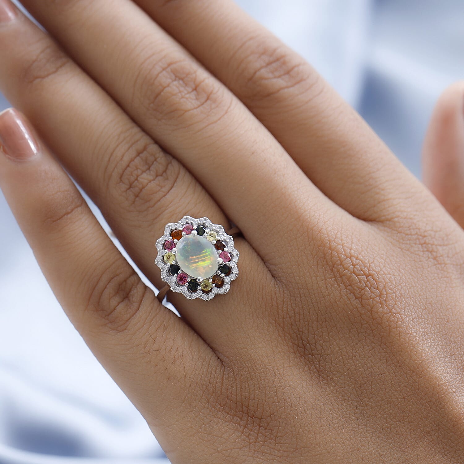 Ethiopian Welo Opal, Natural Zircon & Multi-Tourmaline Cluster Ring in Platinum Overlay Sterling Silver 2.19 Ct.