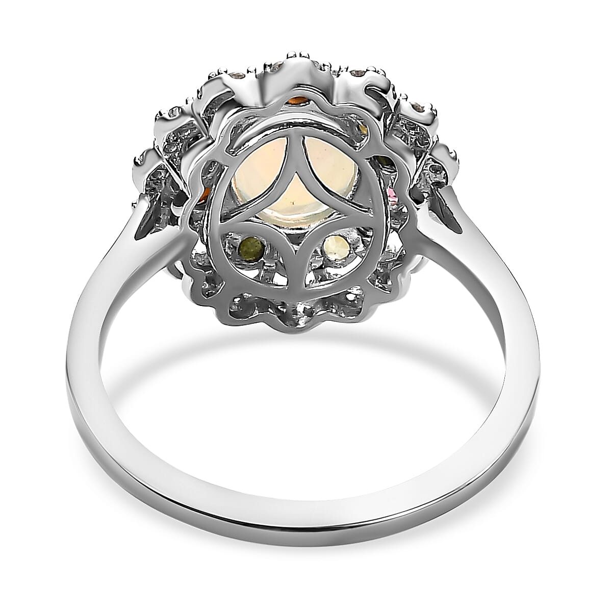 Ethiopian Welo Opal, Natural Zircon & Multi-Tourmaline Cluster Ring in Platinum Overlay Sterling Silver 2.19 Ct.