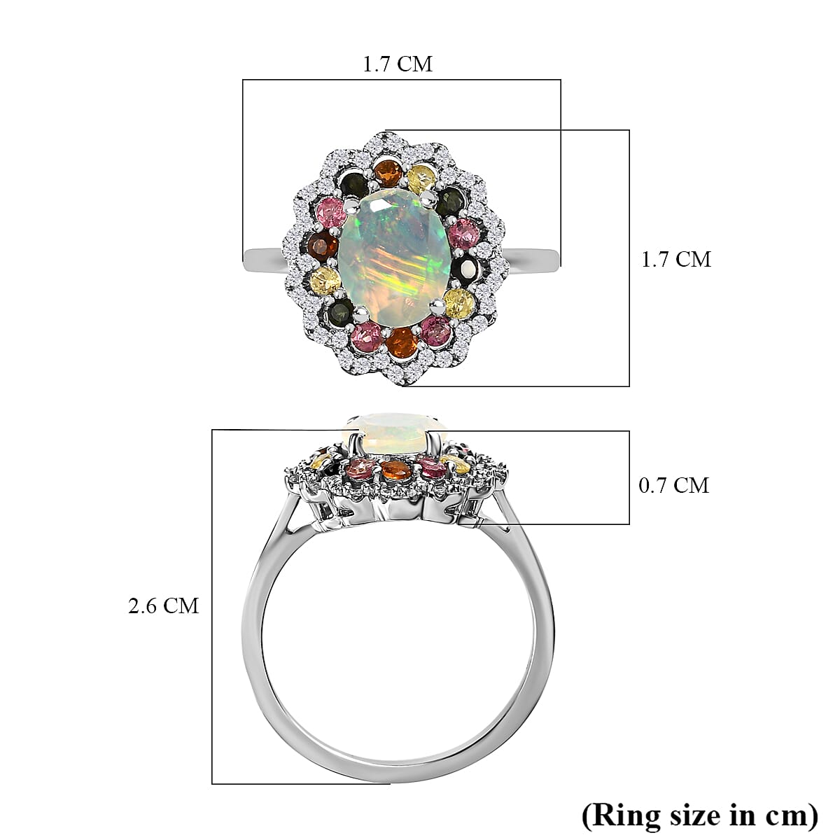 Ethiopian Welo Opal, Natural Zircon & Multi-Tourmaline Cluster Ring in Platinum Overlay Sterling Silver 2.19 Ct.