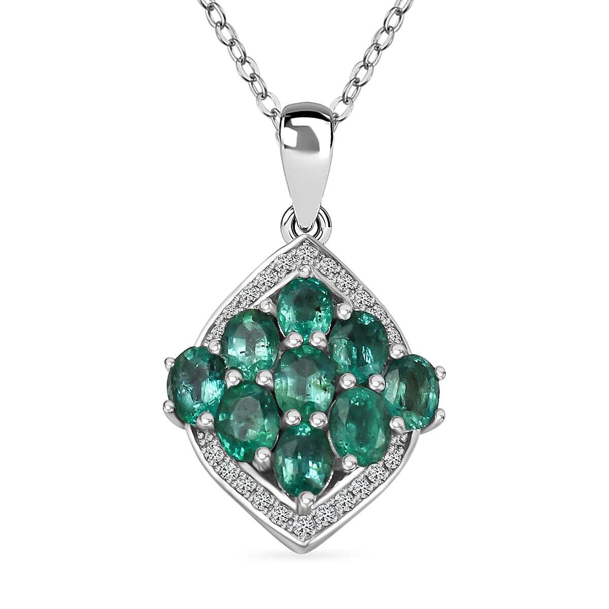 AAA Gemfields Emerald and Natural Zircon Pendant with Chain (Size-18 - 2 Ext) in Rhodium Overlay Sterling Silver 1.64 Ct