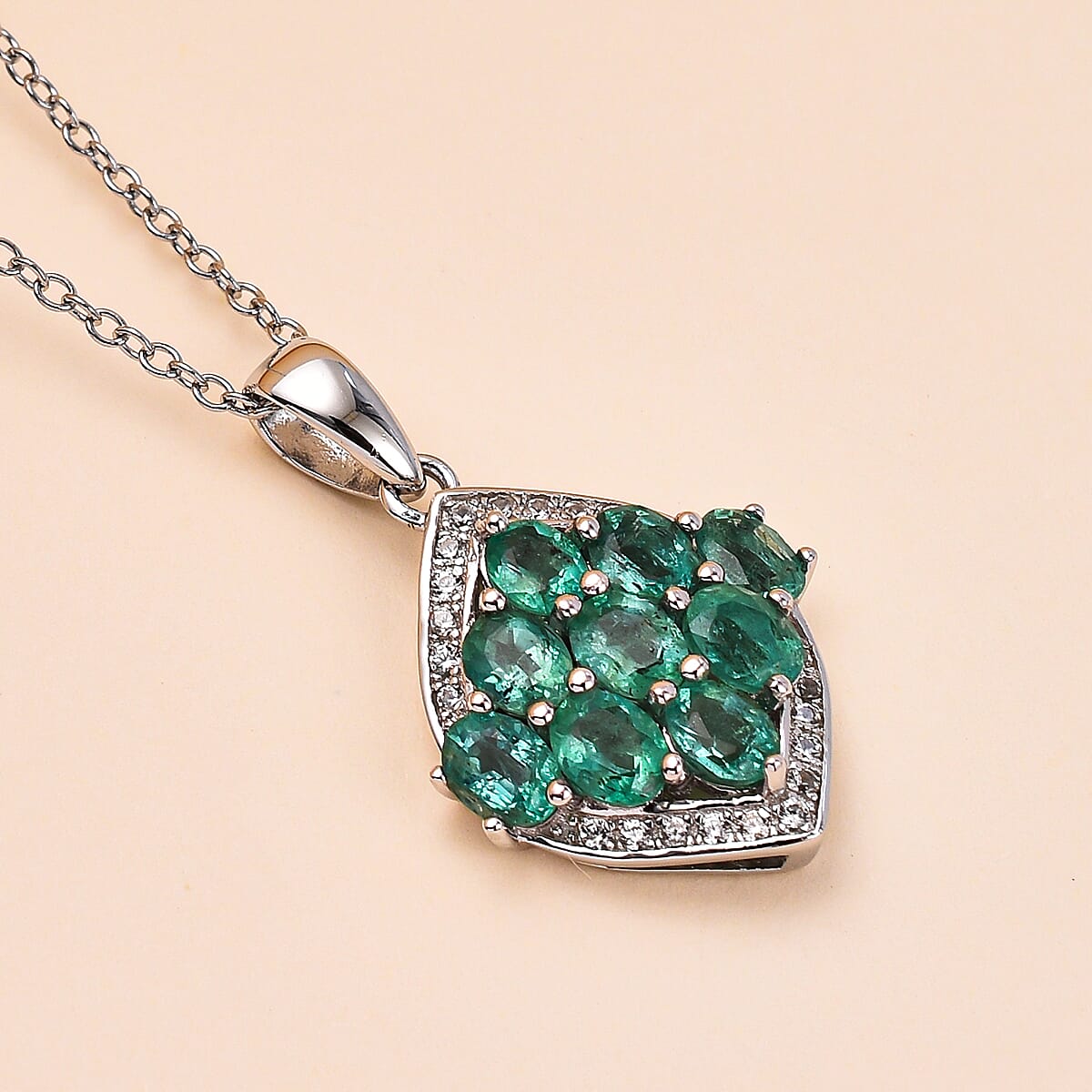 AAA Gemfields Emerald and Natural Zircon Pendant with Chain (Size-18 - 2 Ext) in Rhodium Overlay Sterling Silver 1.64 Ct