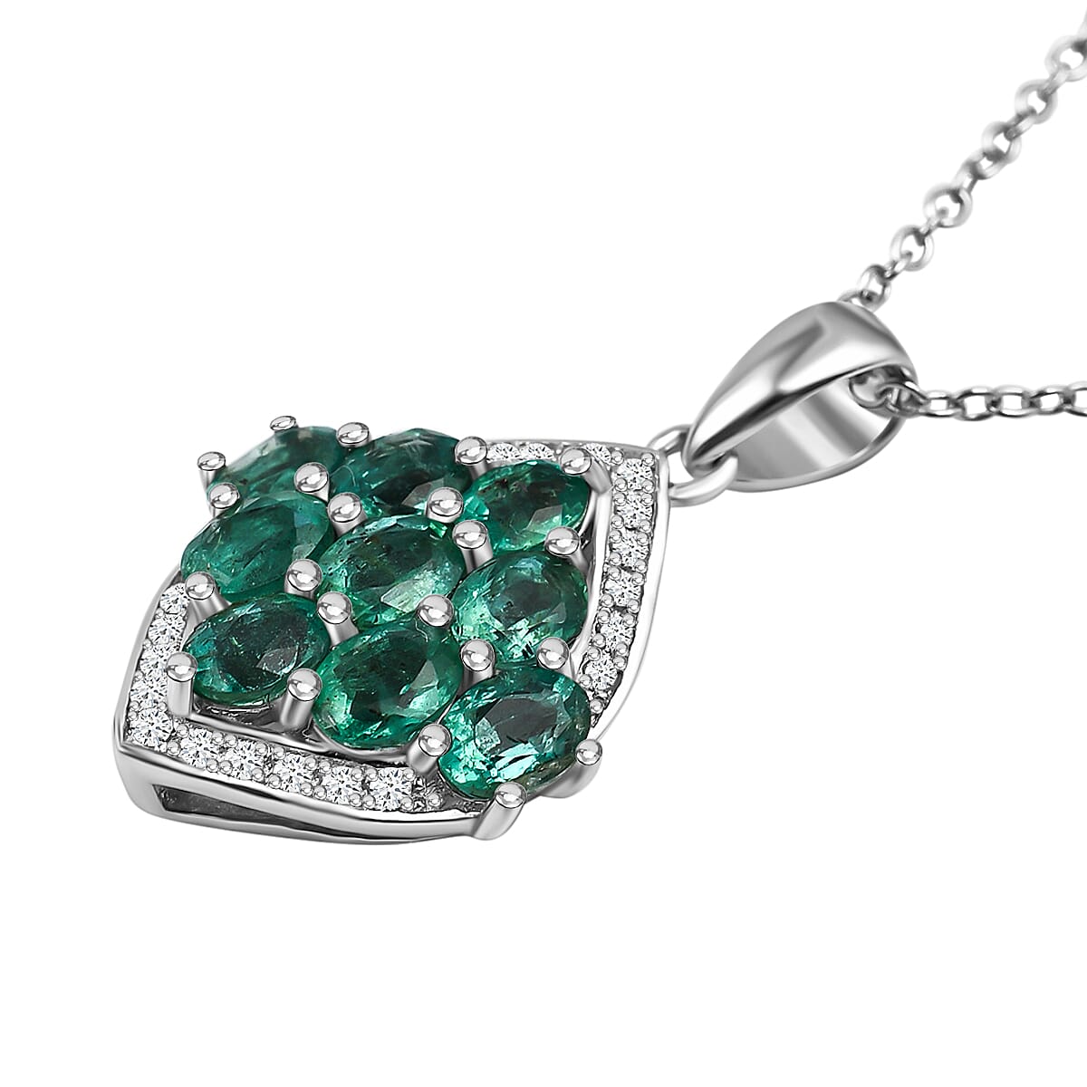 AAA Gemfields Emerald and Natural Zircon Pendant with Chain (Size-18 - 2 Ext) in Rhodium Overlay Sterling Silver 1.64 Ct
