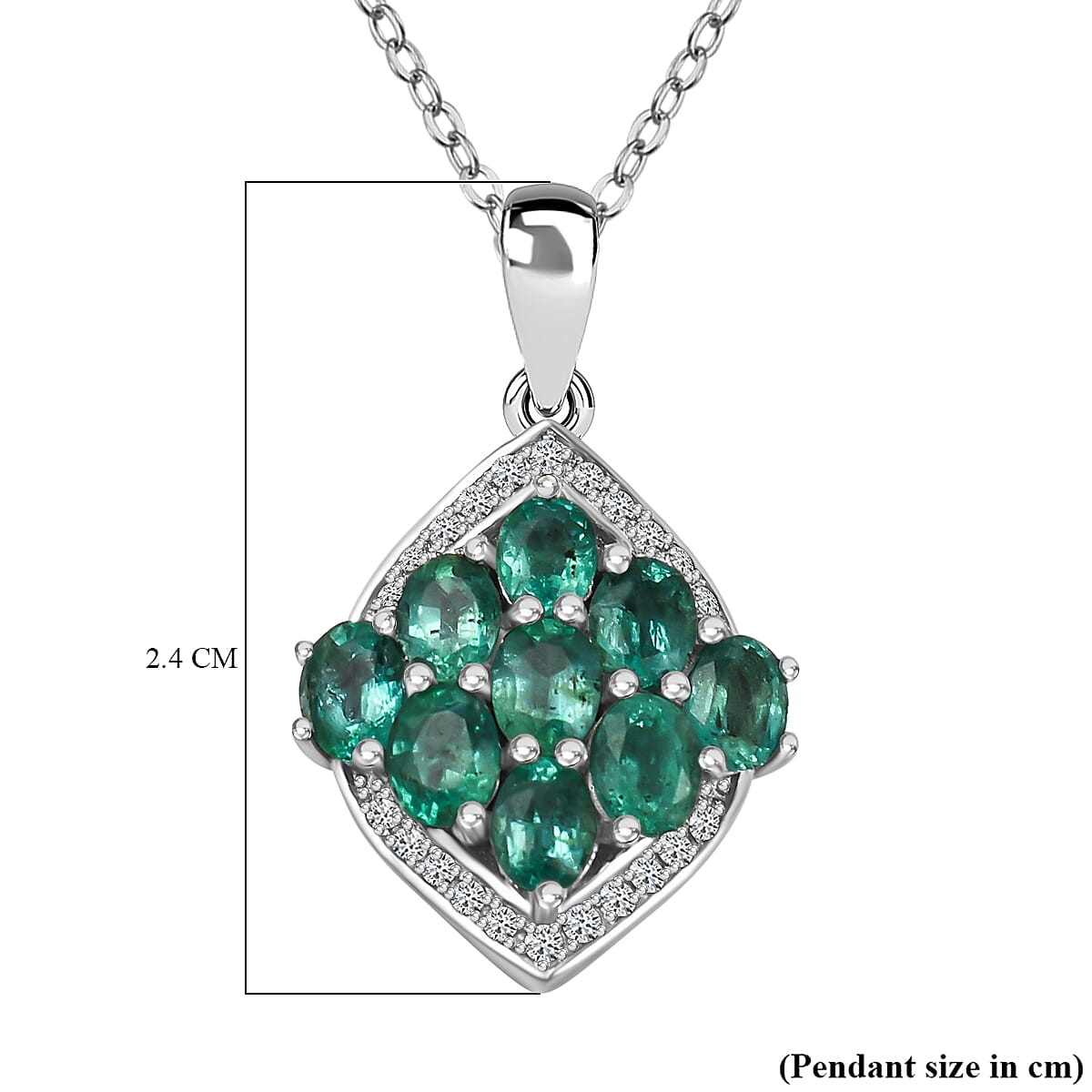AAA Gemfields Emerald and Natural Zircon Pendant with Chain (Size-18 - 2 Ext) in Rhodium Overlay Sterling Silver 1.64 Ct