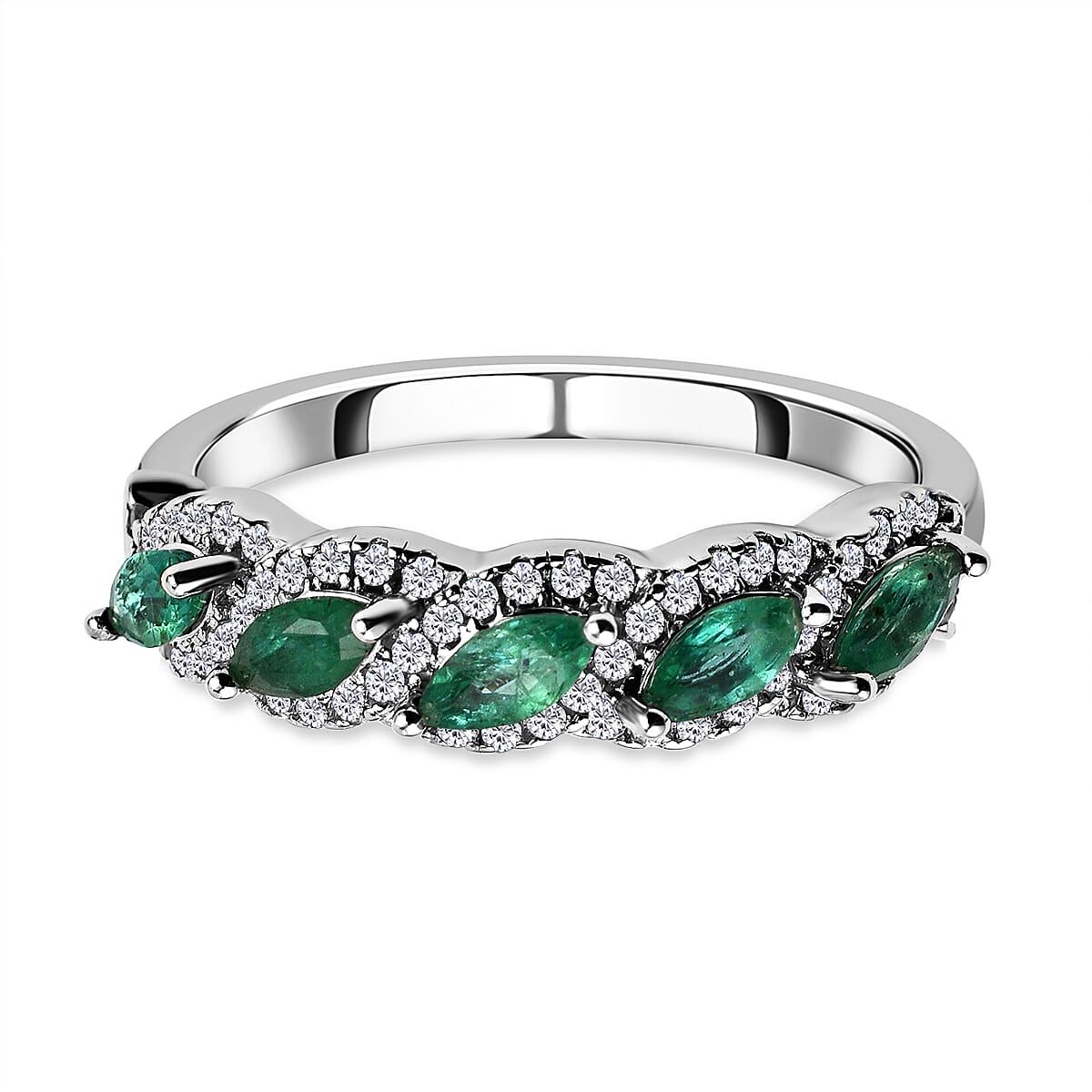 AAA Gemfields Emerald and Natural Zircon Ring in Rhodium Overlay Sterling Silver 1.10 Ct
