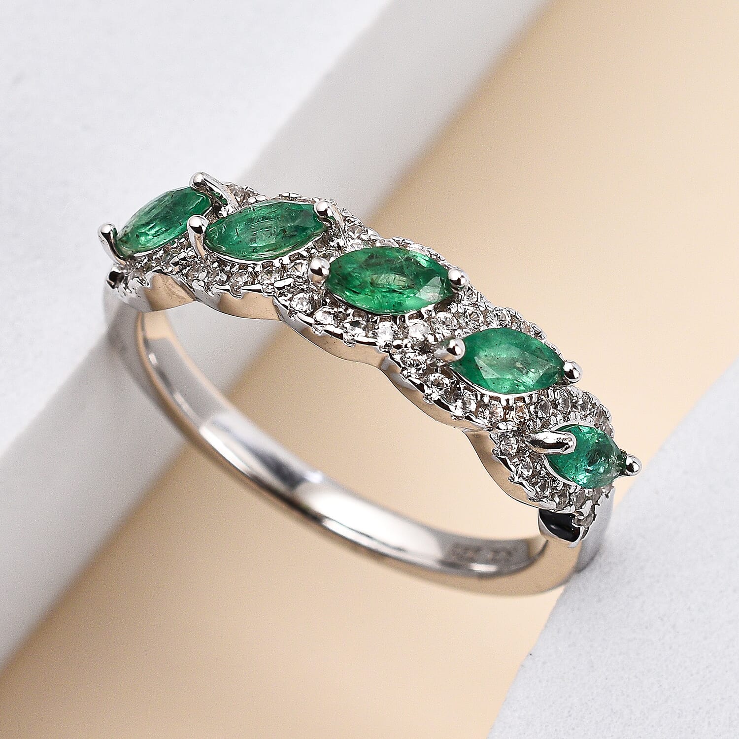 AAA Gemfields Emerald and Natural Zircon Ring in Rhodium Overlay Sterling Silver 1.10 Ct