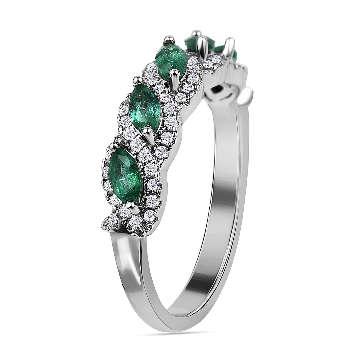 AAA Gemfields Emerald and Natural Zircon Ring in Rhodium Overlay Sterling Silver 1.10 Ct