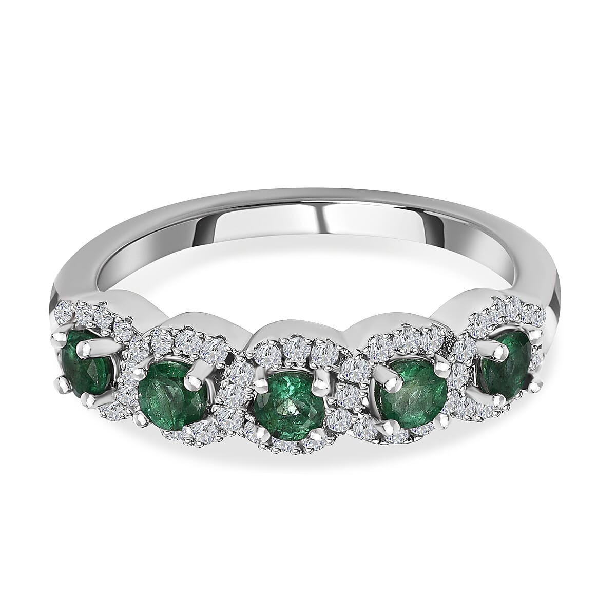 AAA Gemfields Emerald and Natural Zircon Ring in Rhodium Overlay Sterling Silver