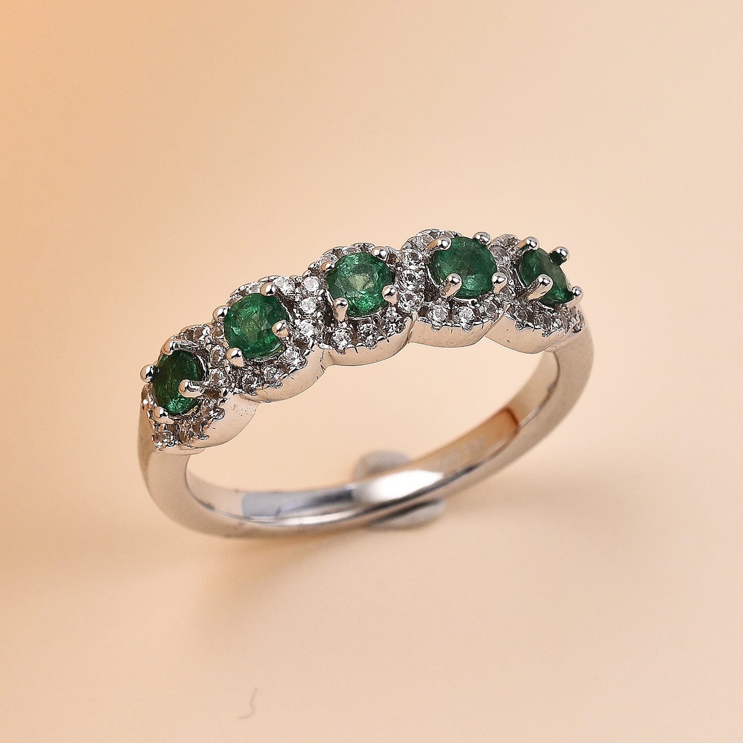 AAA Gemfields Emerald and Natural Zircon Ring in Rhodium Overlay Sterling Silver