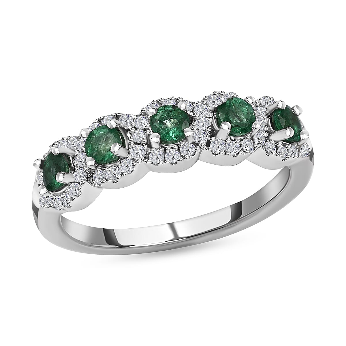AAA Gemfields Emerald and Natural Zircon Ring in Rhodium Overlay Sterling Silver