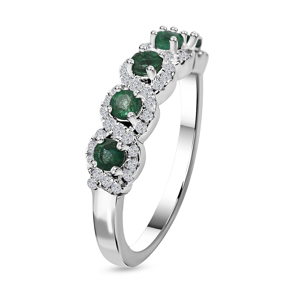 AAA Gemfields Emerald and Natural Zircon Ring in Rhodium Overlay Sterling Silver