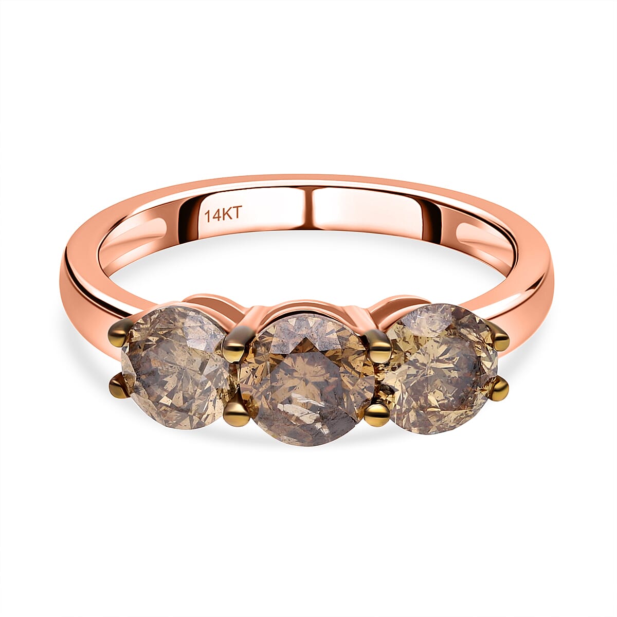 14K Rose Gold SGL Certified Natural Champagne Diamond (I1-I2) 3 Stone Ring 2.00 Ct.