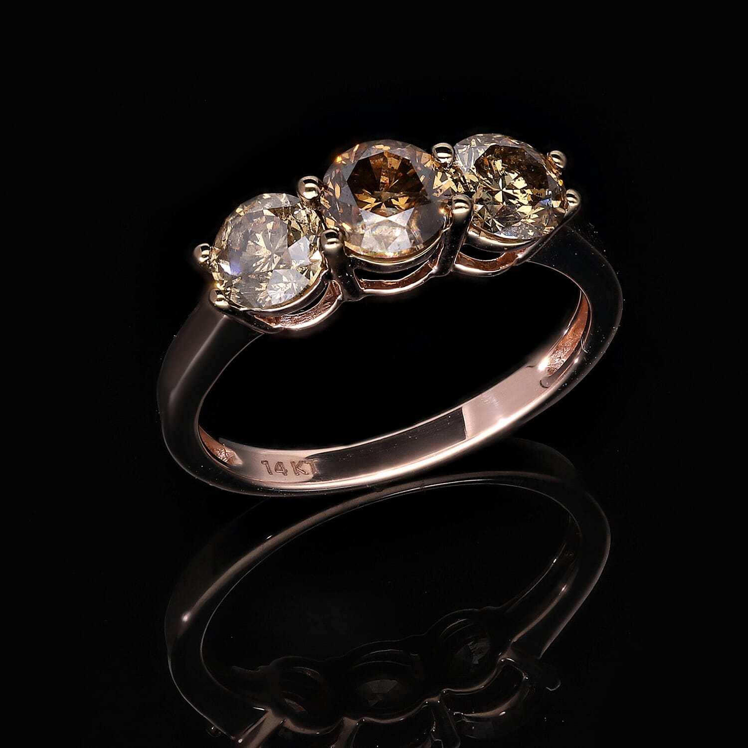14K Rose Gold SGL Certified Natural Champagne Diamond (I1-I2) 3 Stone Ring 2.00 Ct.