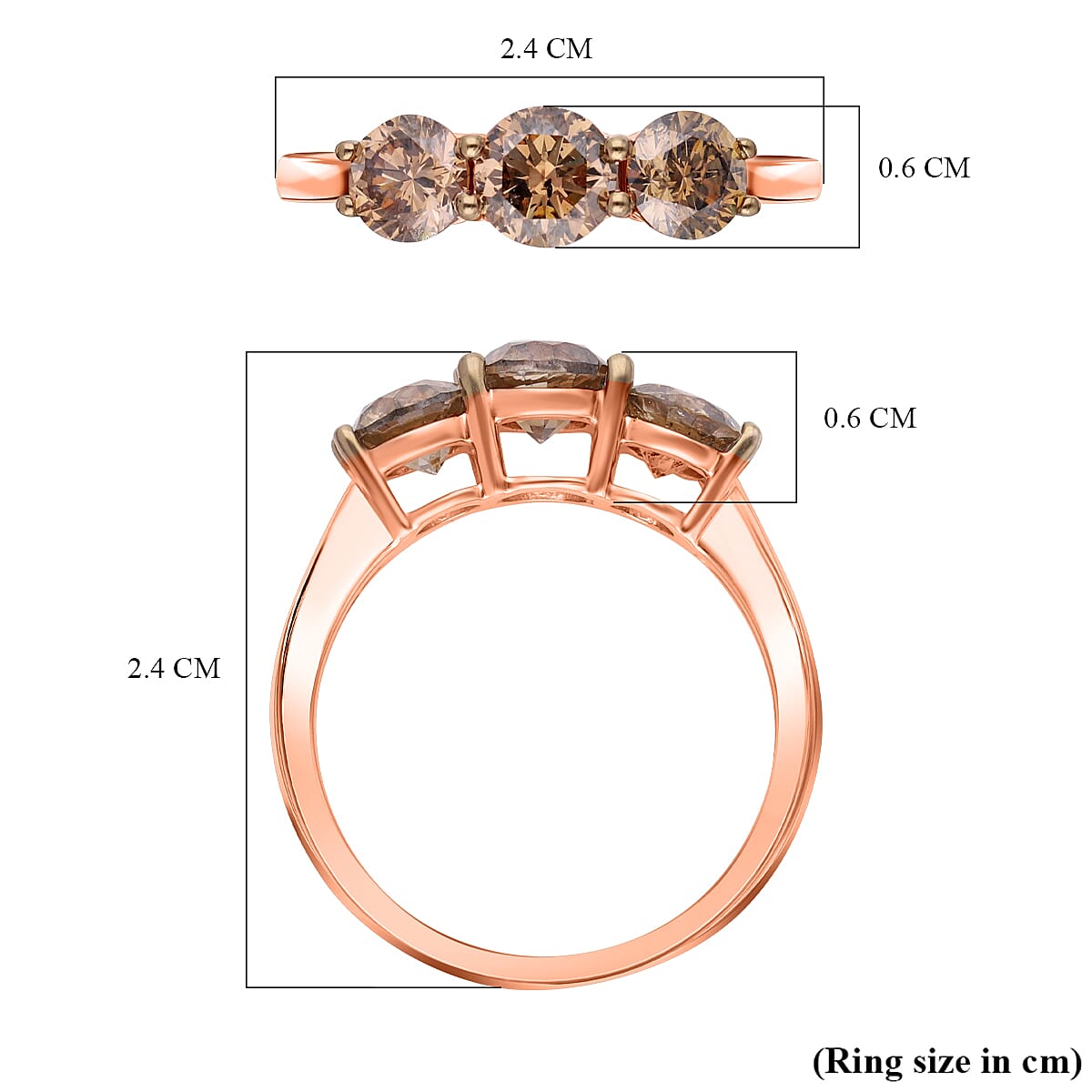 14K Rose Gold SGL Certified Natural Champagne Diamond (I1-I2) 3 Stone Ring 2.00 Ct.