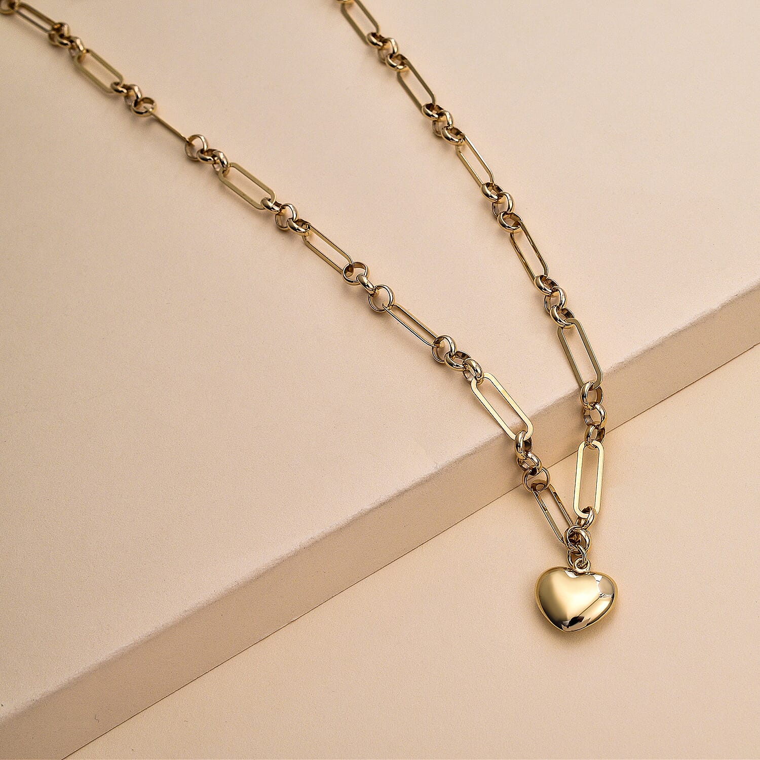 9K Yellow Gold Figaro Necklace With Heart Charm (Size - 18), Gold Wt. 8.87 Gms