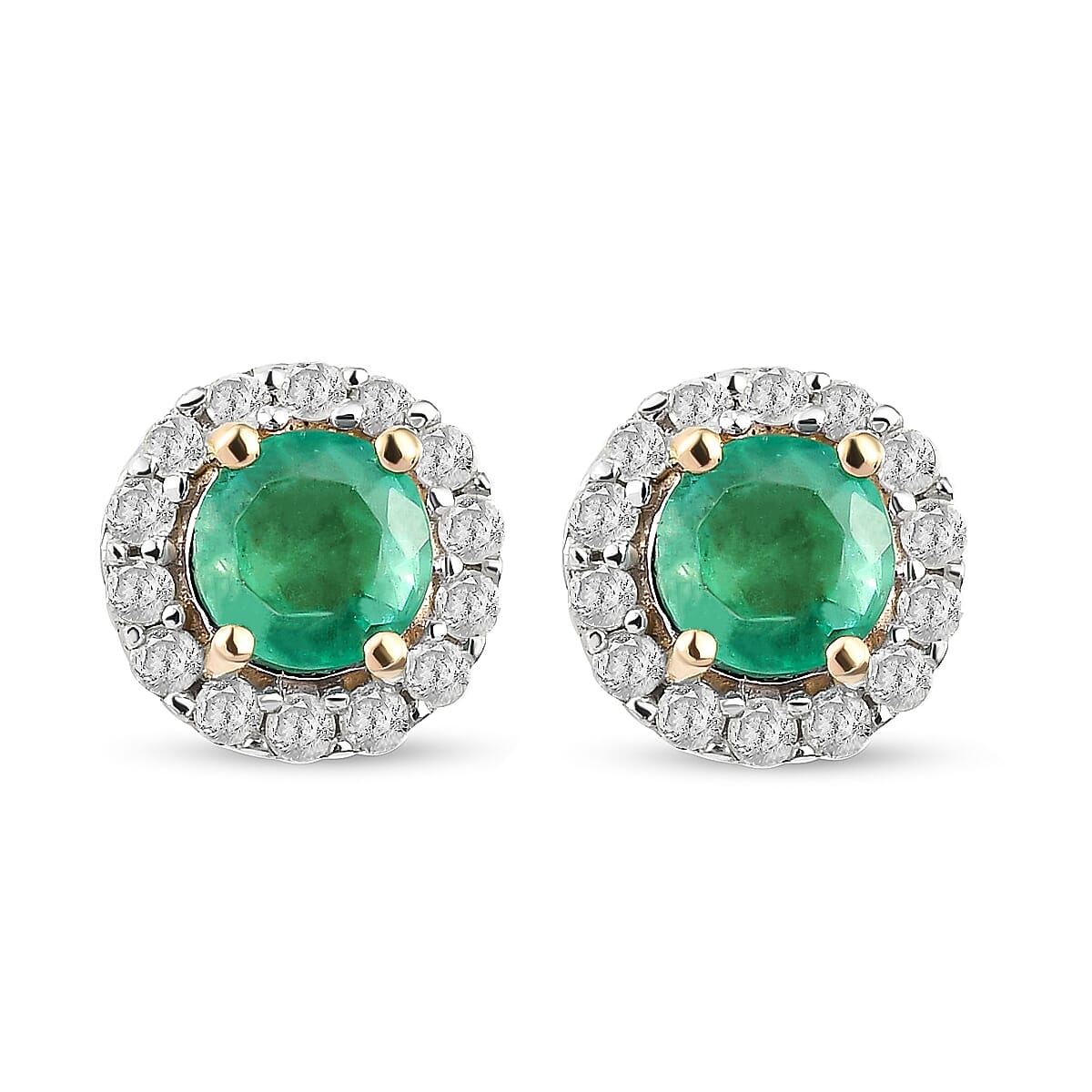 9K Yellow Gold AA Boyaca Colombian Emerald and Diamond Stud Earrings (With Push Back) 0.697 Ct