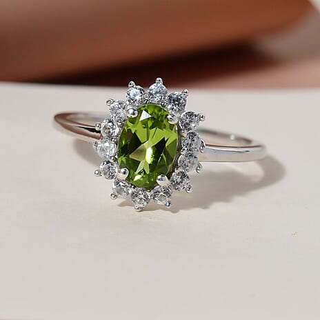 Hebei Peridot and Natural Cambodian Zircon Ring in Platinum Overlay Sterling Silver 1.320 Ct.
