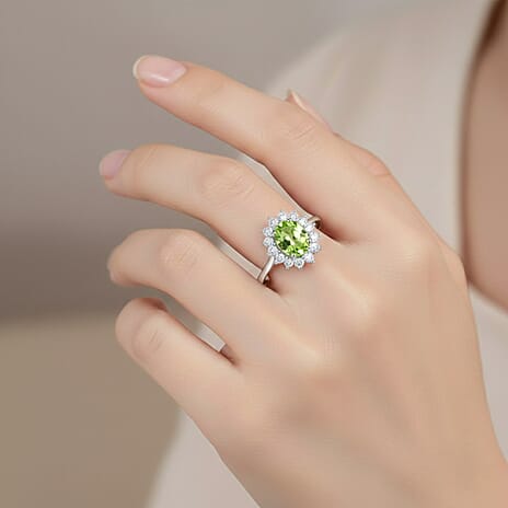 Hebei Peridot and Natural Cambodian Zircon Ring in Platinum Overlay Sterling Silver 1.320 Ct.