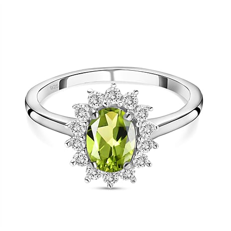 Hebei Peridot and Natural Zircon Ring in Platinum Overlay Sterling Silver 1.320 Ct.