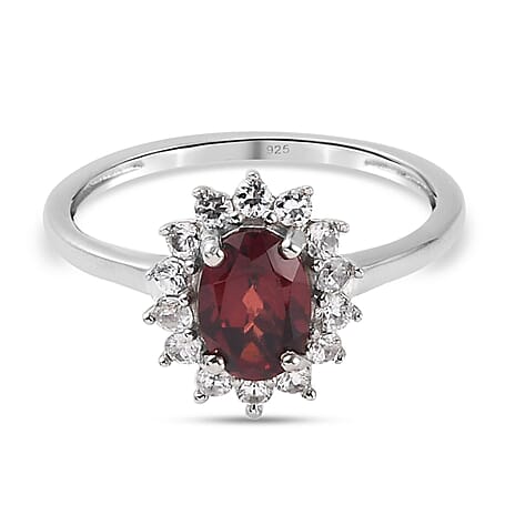 Mozambique Garnet and Natural Cambodian Zircon Halo Ring in Platinum Overlay Sterling Silver 1.40 Ct.