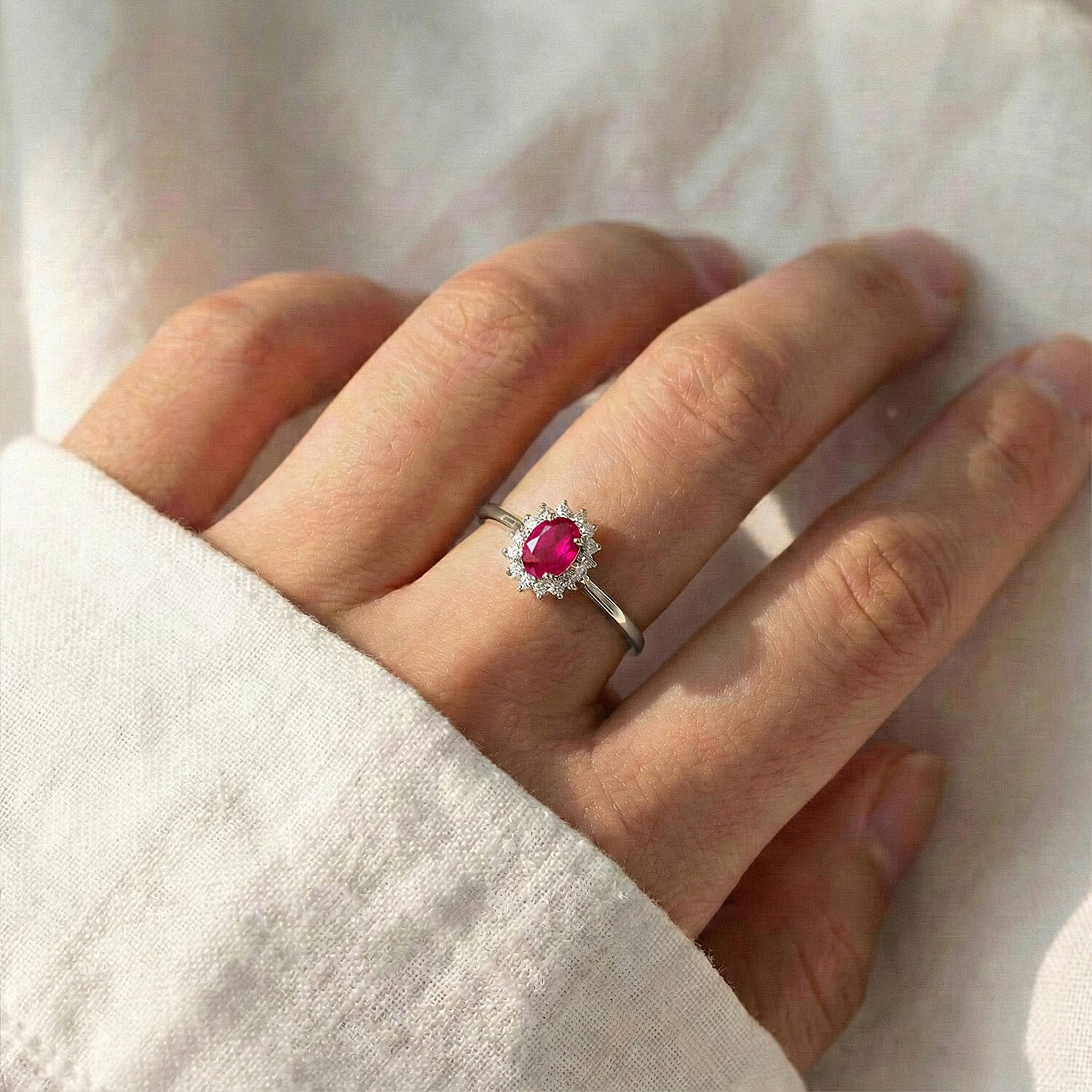 Royal Bali Collection - D'Joy African Ruby (FF) and Natural Zircon Halo Ring in Platinum Overlay Sterling Silver 1.52 Ct.