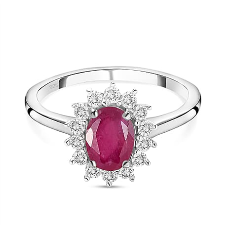 African Ruby (FF) and Natural Zircon Halo Ring in Platinum Overlay Sterling Silver 1.52 Ct.