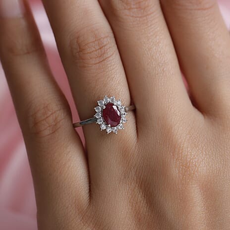 African Ruby (FF) and Natural Zircon Halo Ring in Platinum Overlay Sterling Silver 1.52 Ct.